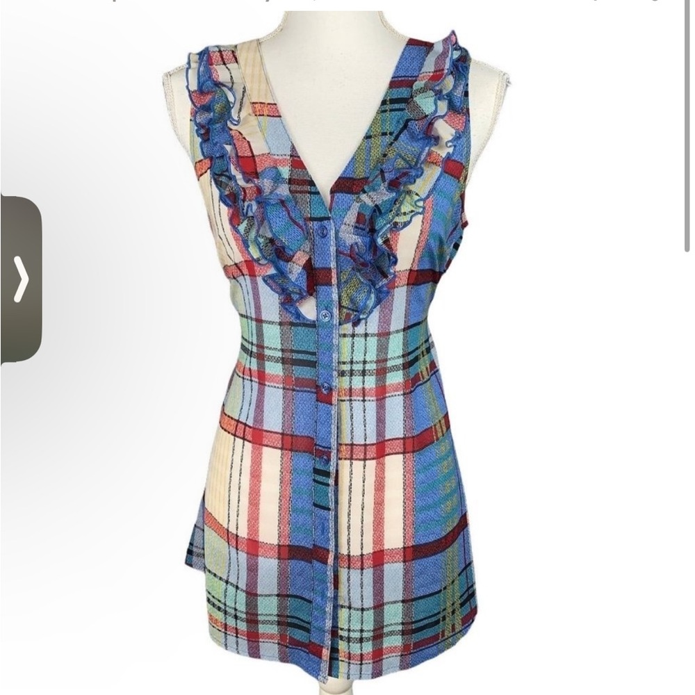 Anthropologie Fei blue plaid sleeveless belted top